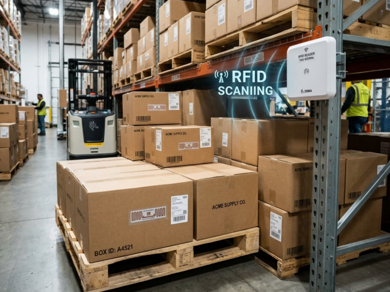 UHF RFID Wet Inlay applied to cardboard cartons and pallets for automated warehouse inventory tracking without line-of-sight scanning UHF RFID Wet Inlay applied to cardboard cartons and pallets for automated warehouse inventory tracking without line-of-sight scanning