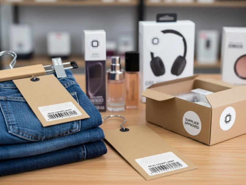 UHF RFID Tag Stickers used for retail item-level tagging on hang tags and product packaging for supplier compliance UHF RFID Tag Stickers used for retail item-level tagging on hang tags and product packaging for supplier compliance